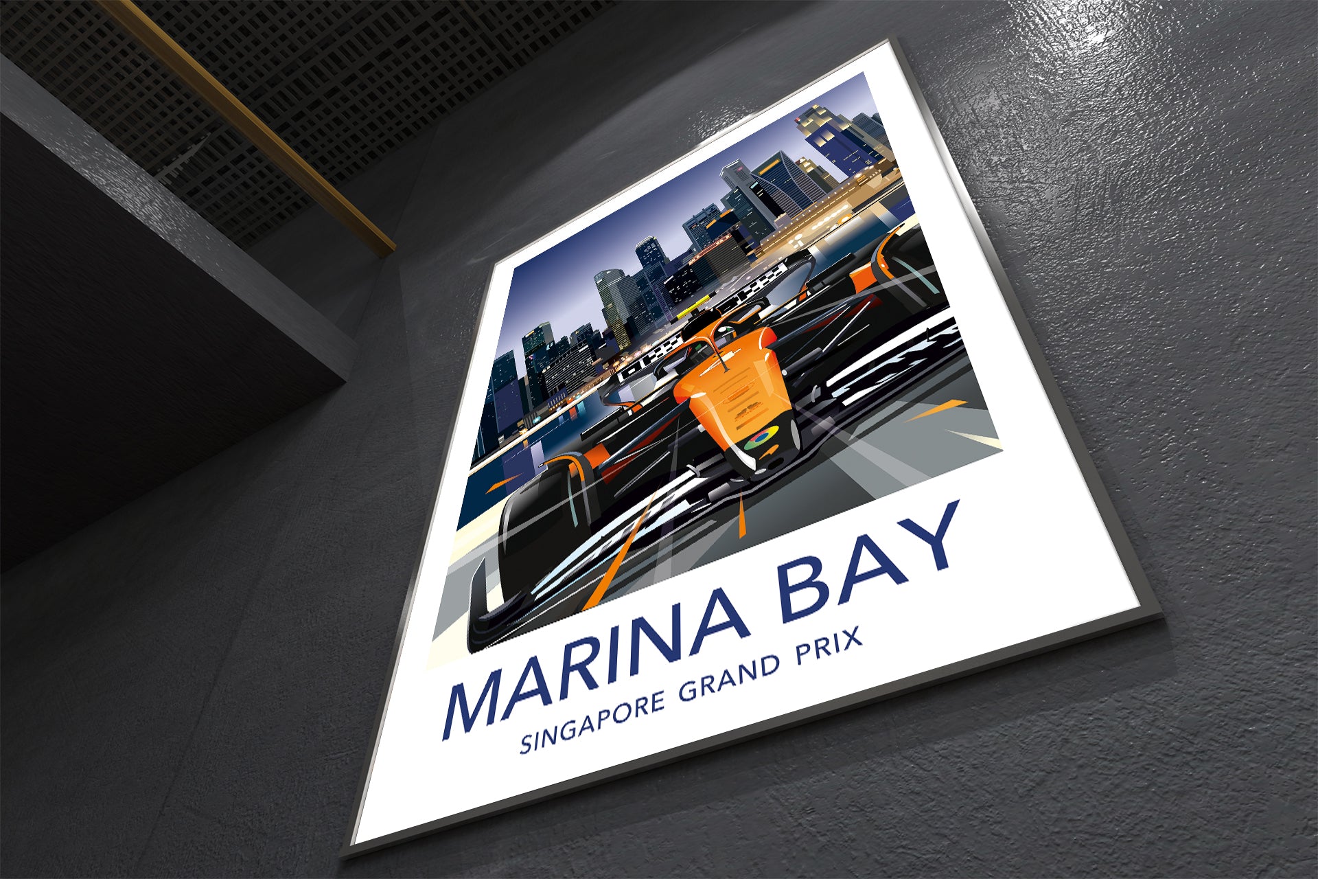 Lando Norris Marina Bay Singapore F1 poster featuring McLaren car at night on the Marina Bay Circuit – vibrant Formula 1 wall art print