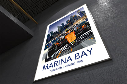 Lando Norris Marina Bay Singapore F1 poster featuring McLaren car at night on the Marina Bay Circuit – vibrant Formula 1 wall art print