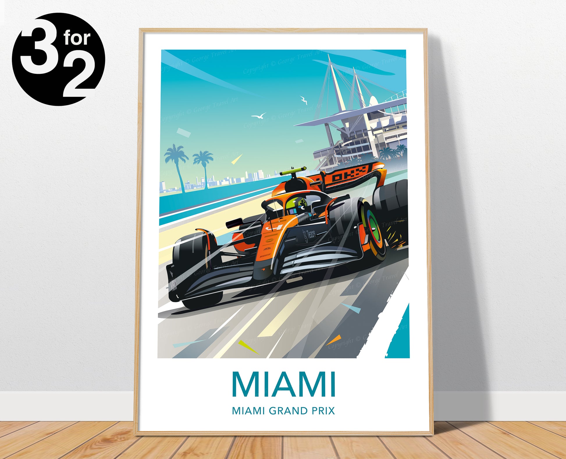 Lando Norris Miami F1 poster featuring McLaren racing car at Miami Grand Prix – vibrant motorsport wall art print