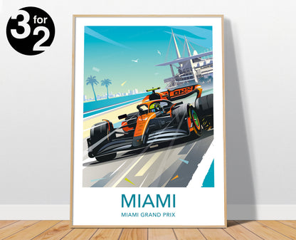 Lando Norris Miami F1 poster featuring McLaren racing car at Miami Grand Prix – vibrant motorsport wall art print
