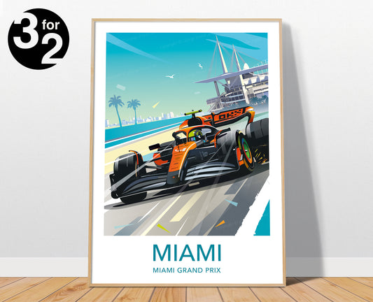 Lando Norris Miami F1 poster featuring McLaren racing car at Miami Grand Prix – vibrant motorsport wall art print