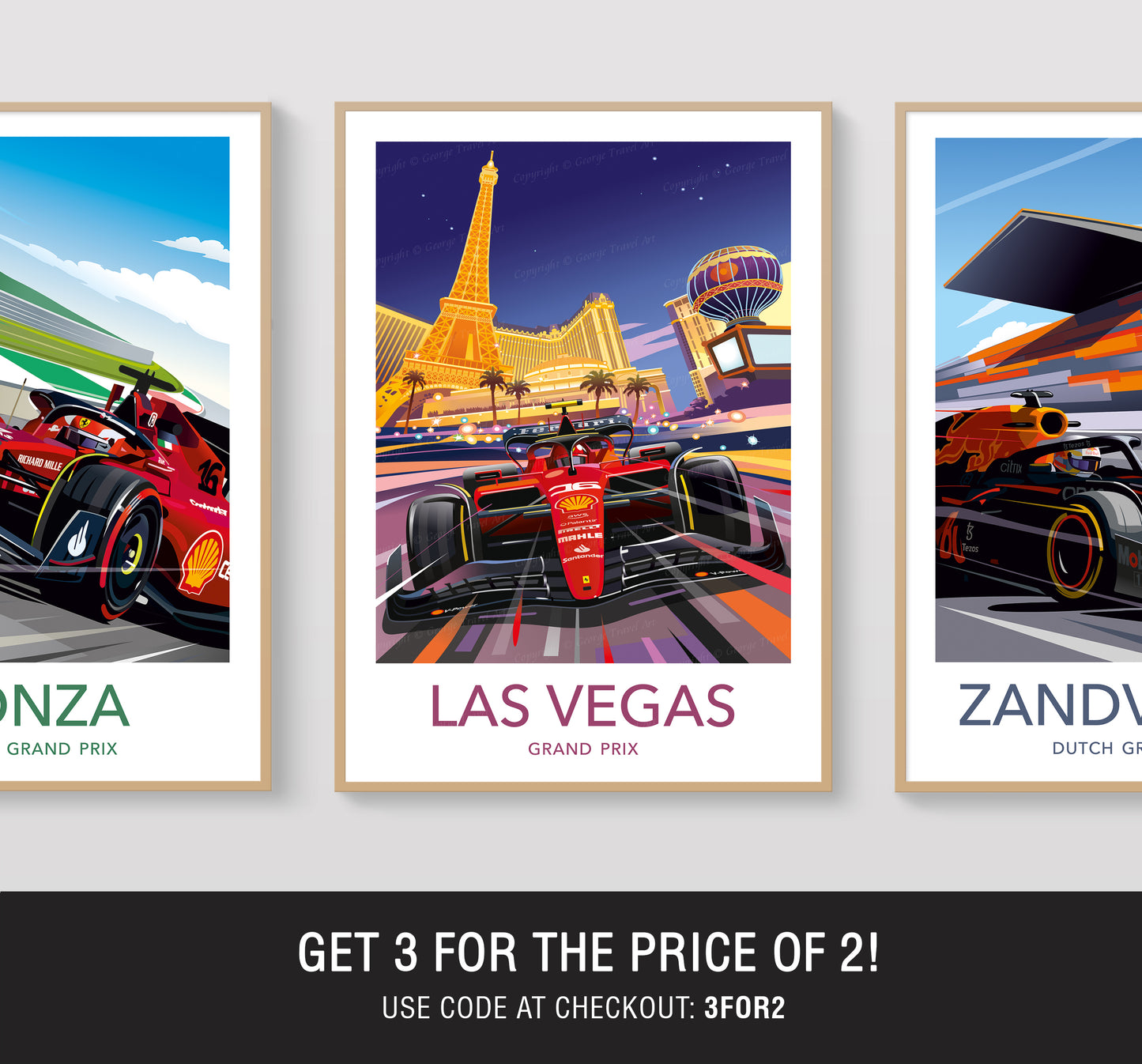 Las Vegas F1 poster featuring Formula 1 racing car in neon style – vibrant motorsport wall art print. Three framed posters of racing cars with different locations on a white background.
