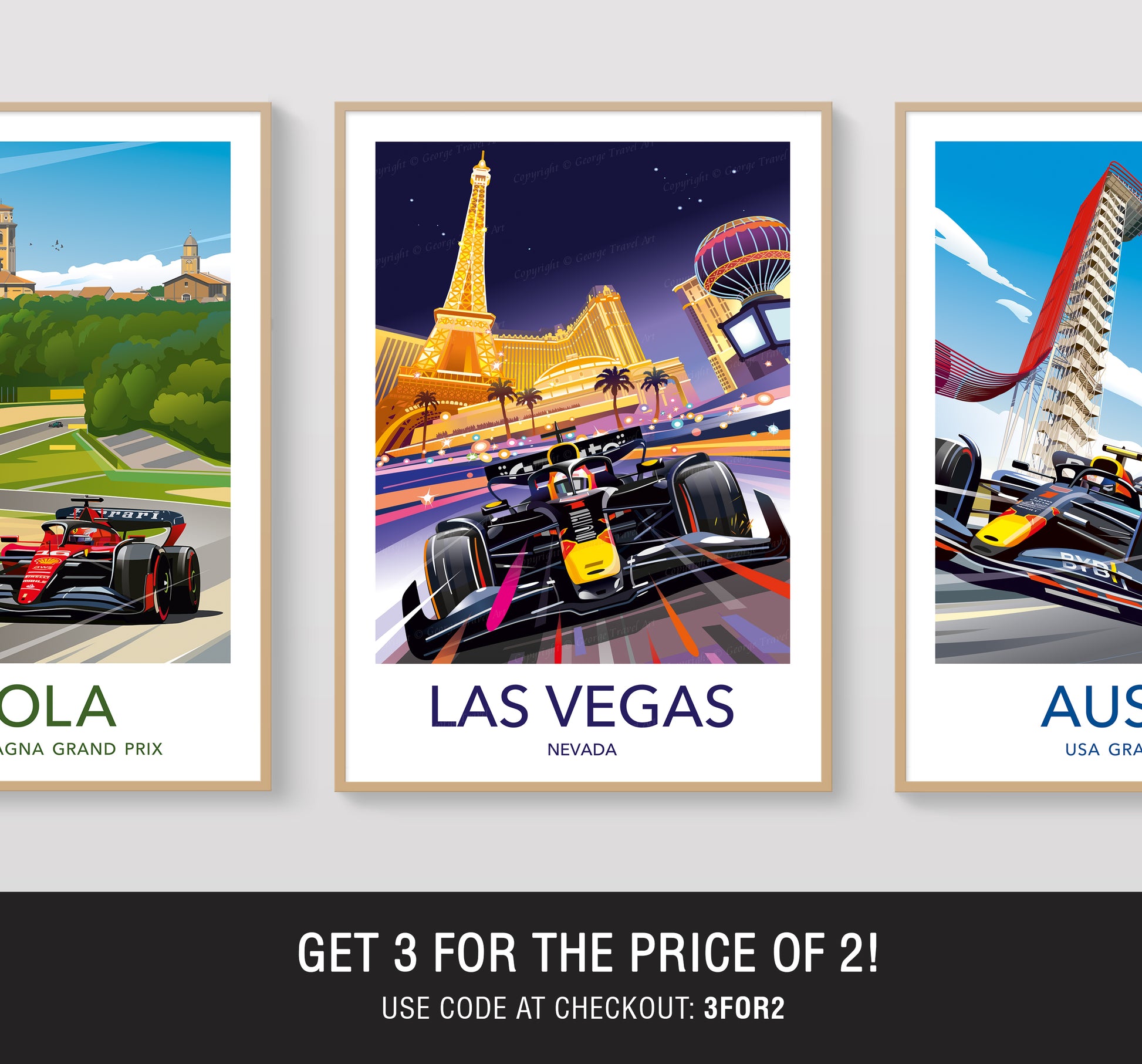 Three framed posters of Formula 1 cars in different locations with promotional text.
