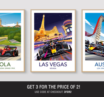 Three framed posters of Formula 1 cars in different locations with promotional text.