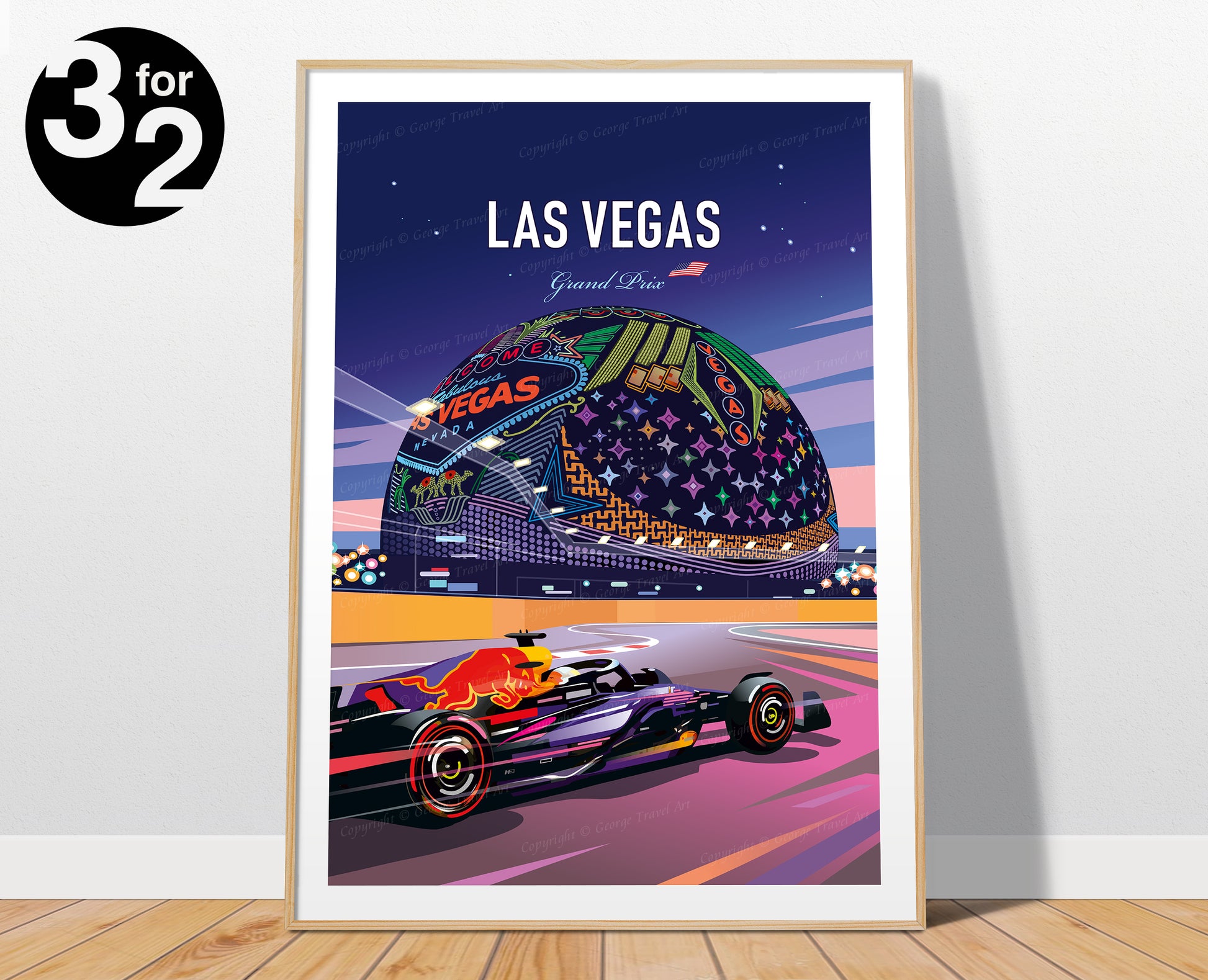 Las Vegas F1 poster featuring Max Verstappen Red Bull racing car at Las Vegas Grand Prix with neon lights – vibrant motorsport wall art print