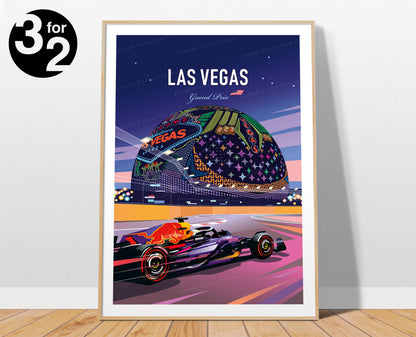 Las Vegas F1 poster featuring Max Verstappen Red Bull racing car at Las Vegas Grand Prix with neon lights – vibrant motorsport wall art print