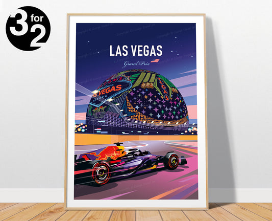 Las Vegas F1 poster featuring Max Verstappen Red Bull racing car at Las Vegas Grand Prix with neon lights – vibrant motorsport wall art print