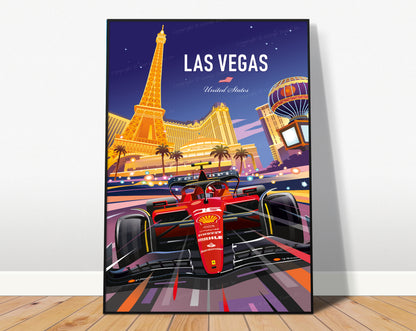 Framed poster of a red Ferrari race car on a Las Vegas street with the city skyline in the background.