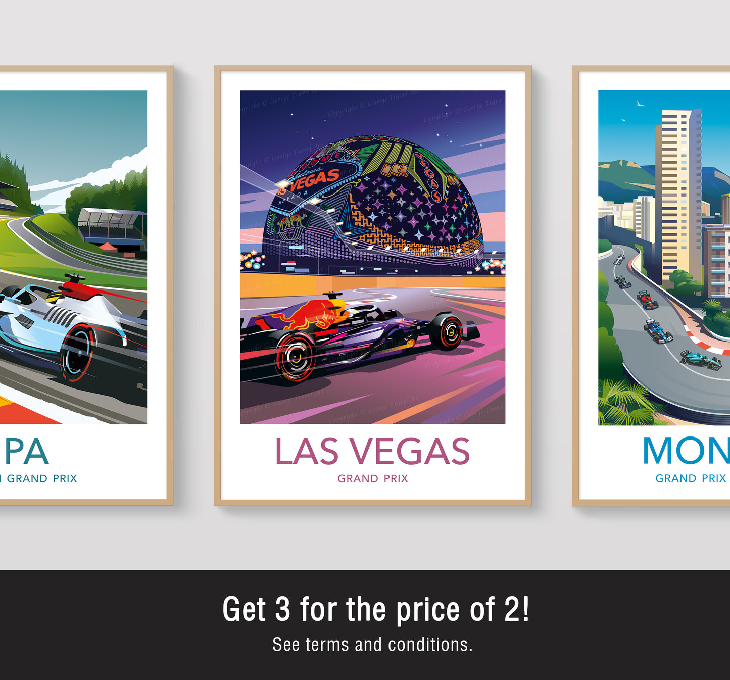 Las Vegas F1 print poster featuring racing car at Las Vegas Grand Prix with neon lights – vibrant motorsport wall art