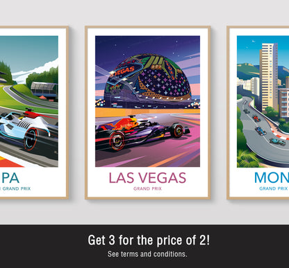 Las Vegas F1 print poster featuring racing car at Las Vegas Grand Prix with neon lights – vibrant motorsport wall art
