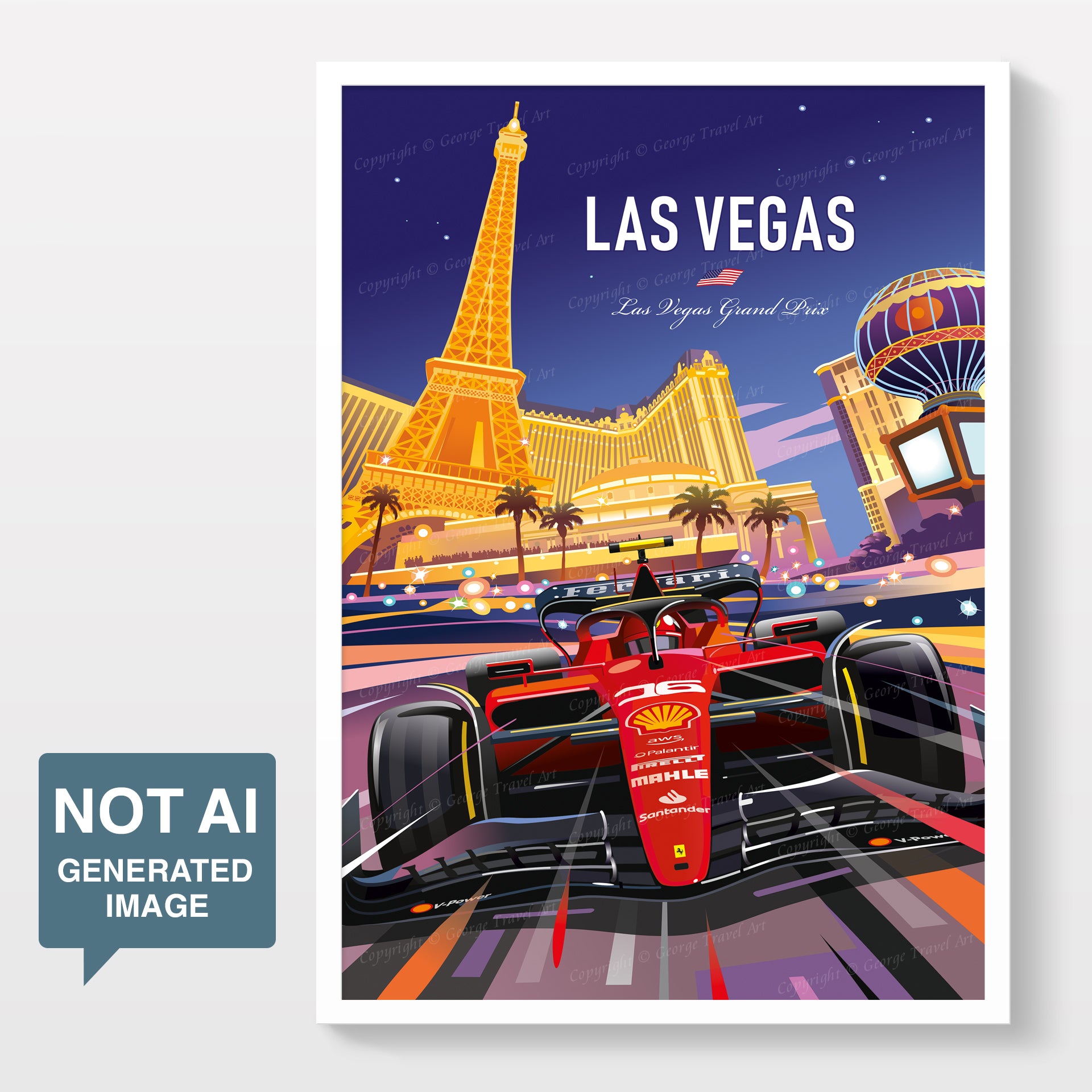 Illustration of a Ferrari race car on a Las Vegas street with famous landmarks in the background.