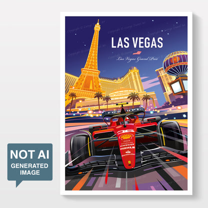 Illustration of a Ferrari race car on a Las Vegas street with famous landmarks in the background.