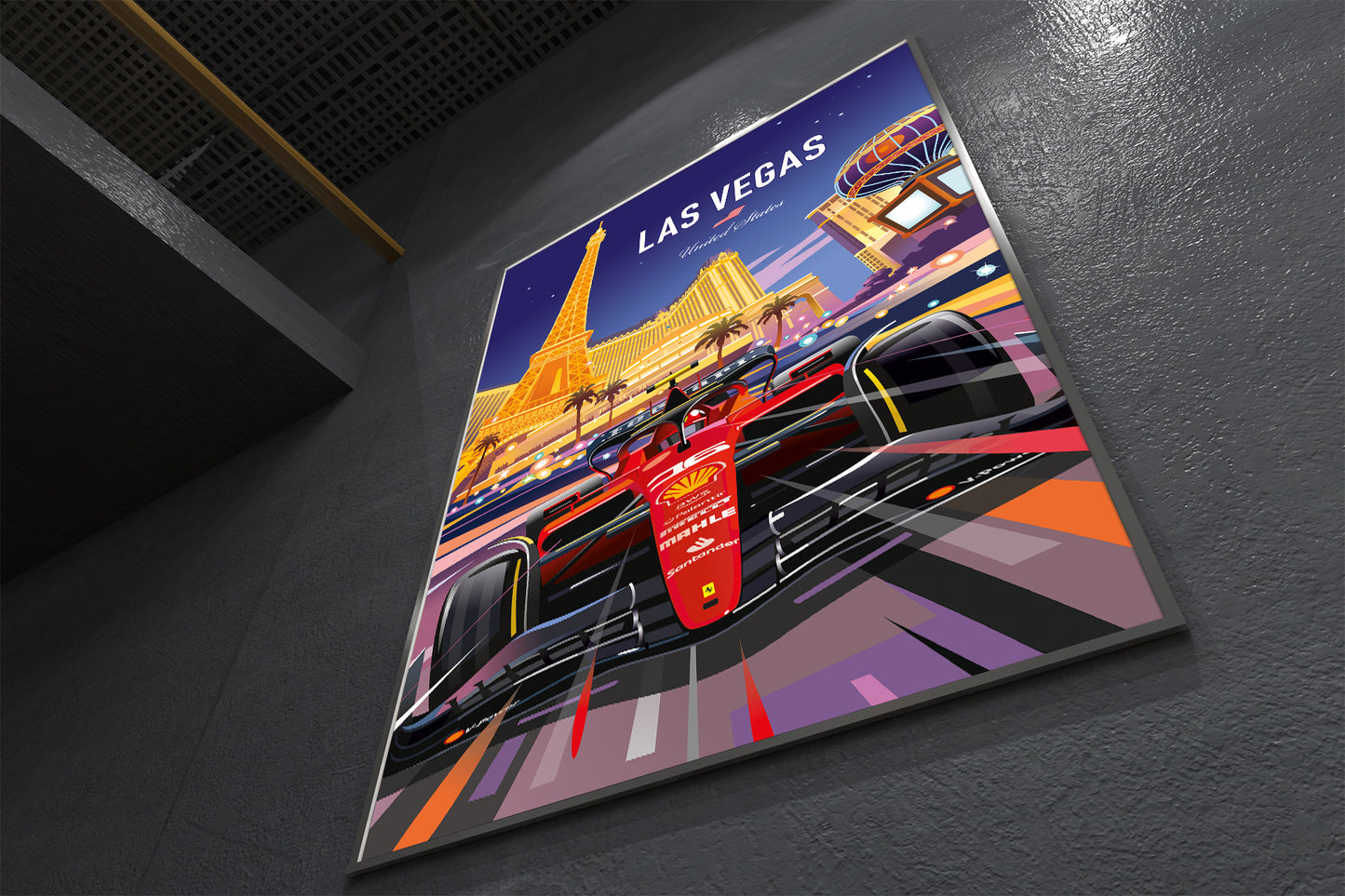 Las Vegas Formula 1 poster featuring racing car at Las Vegas Grand Prix – vibrant motorsport wall art print on a dark surface