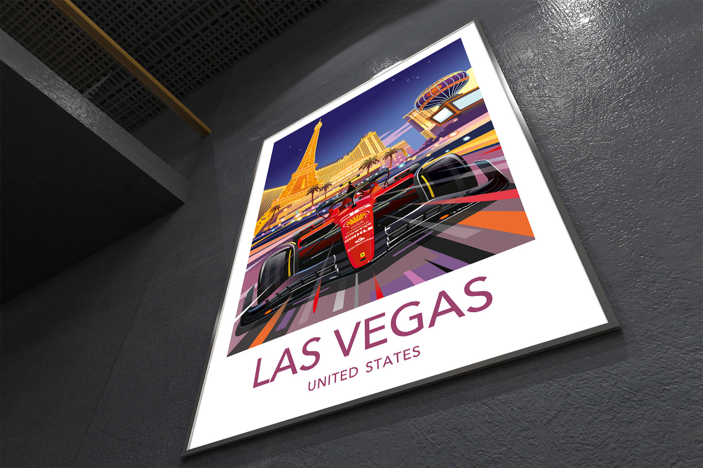 Las Vegas Grand Prix F1 print featuring Formula 1 racing car under neon lights – vibrant motorsport wall art