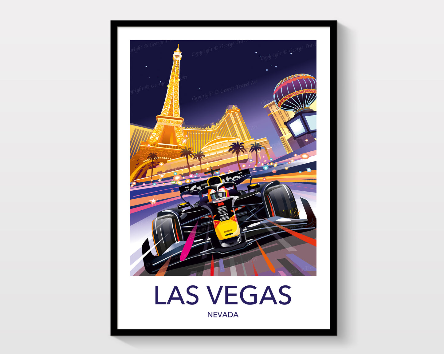 Framed poster of a race car in front of Las Vegas landmarks on a white background