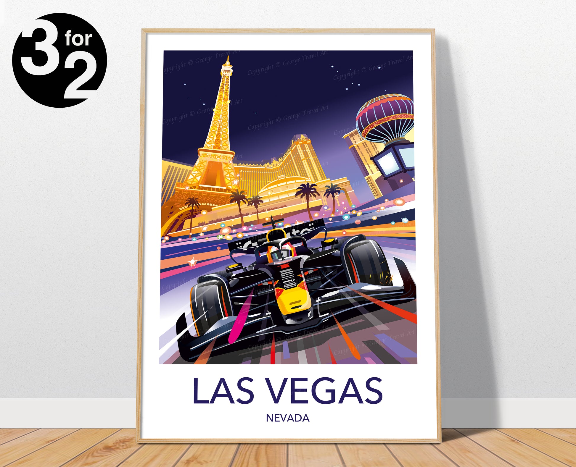 Las Vegas Red Bull F1 poster featuring Red Bull Racing car at Las Vegas Grand Prix with neon lights – motorsport wall art print
