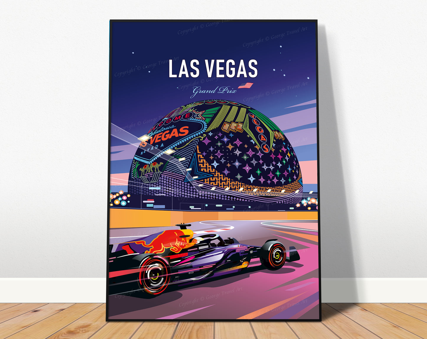 Las Vegas Red Bull F1 print featuring Red Bull Racing car at Las Vegas Grand Prix with neon lights – vibrant motorsport wall art