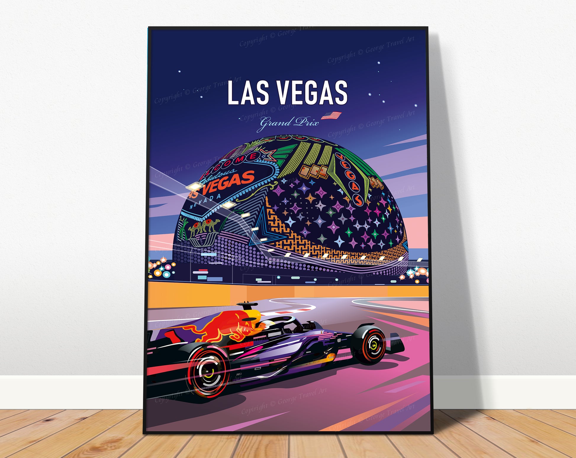 Las Vegas Red Bull F1 print featuring Red Bull Racing car at Las Vegas Grand Prix with neon lights – vibrant motorsport wall art