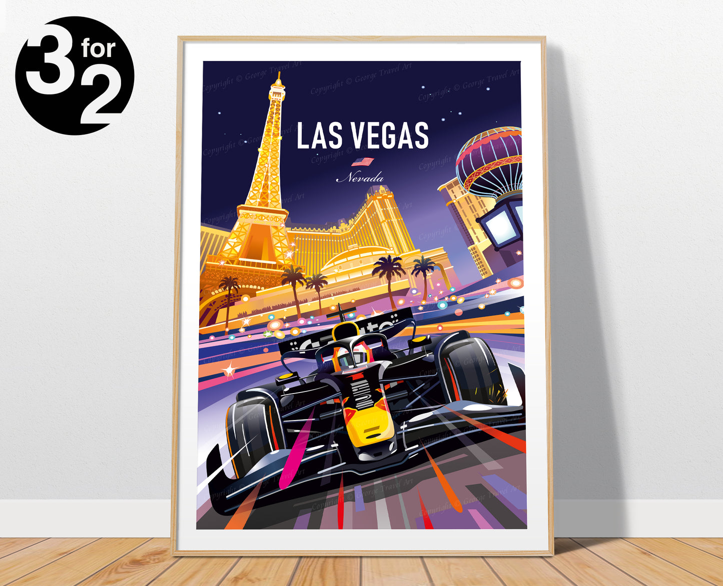Framed poster of the formula 1 race car on the Las Vegas Strip with the Eiffel Tower in the background.