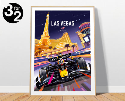 Framed poster of the formula 1 race car on the Las Vegas Strip with the Eiffel Tower in the background.