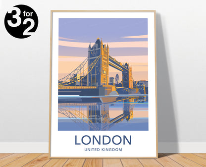 London Sunrise Travel Poster / Tower Bridge Print / UK Travel Poster