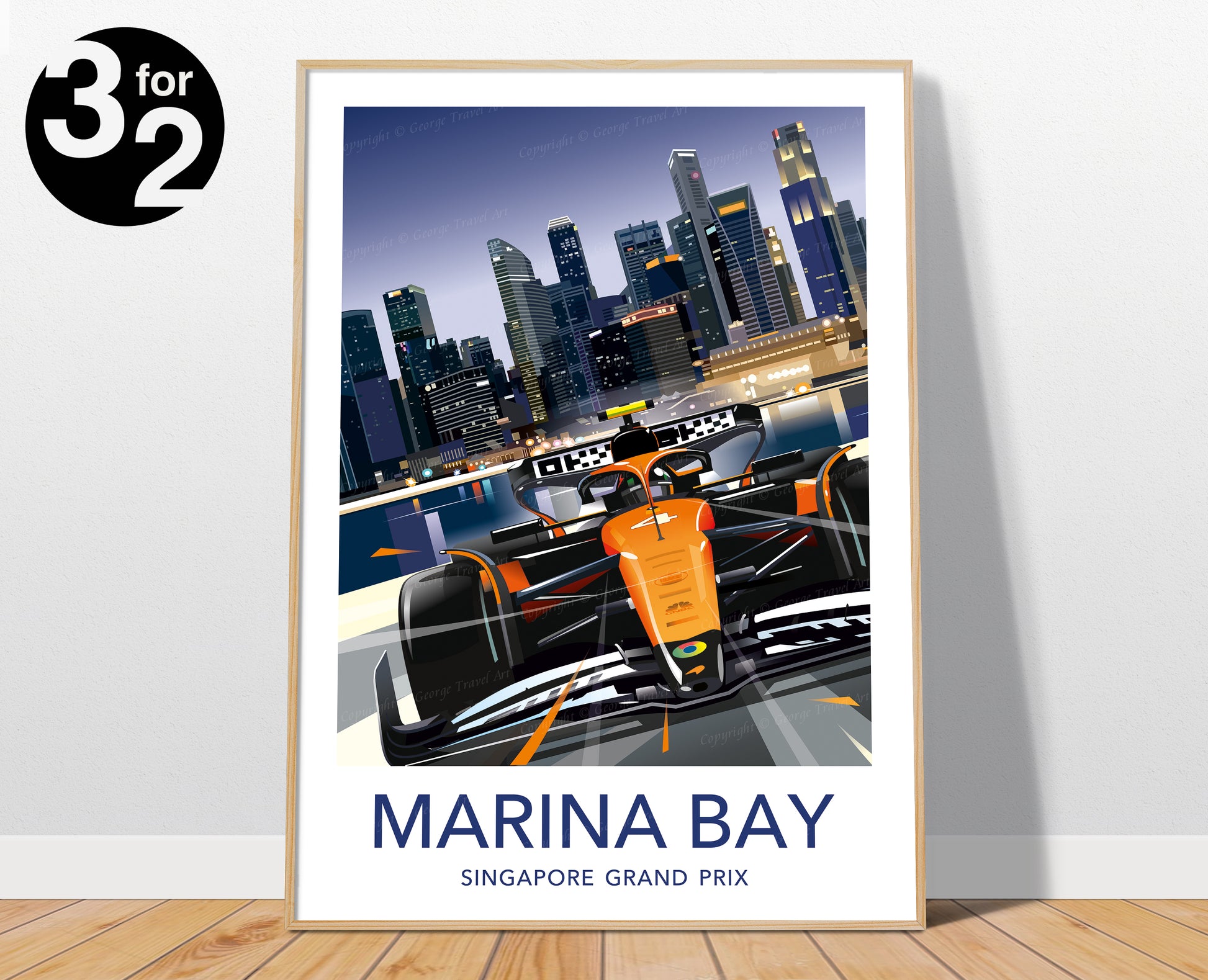Marina Bay Singapore Lando Norris F1 poster featuring McLaren car at Singapore Grand Prix night circuit – dynamic motorsport wall art print