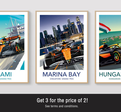 Marina Bay Singapore Lando Norris F1 print featuring McLaren car at night street circuit motorsport art poster