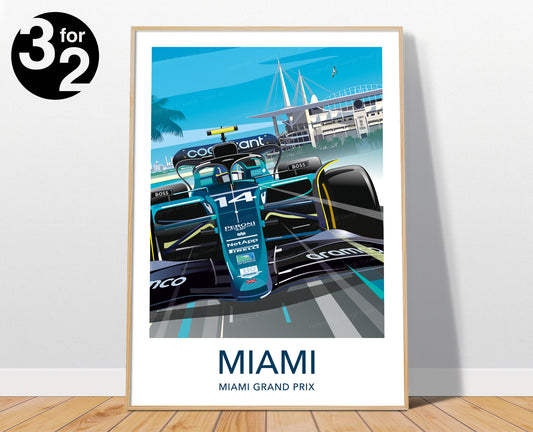 Miami F1 Poster / Aston Martin F1 Art Print / Fernando Alonso /F1 Gift