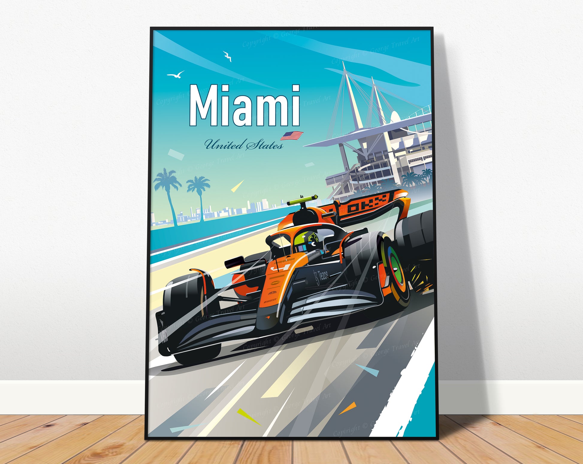 Miami F1 Lando Norris poster featuring McLaren racing car at Miami Grand Prix – vibrant motorsport wall art print