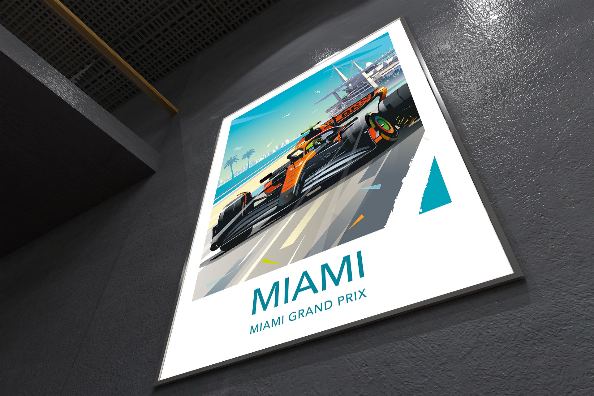Poster of a race car on a track with 'Miami' and 'Miami Grand Prix' text on a dark surface.