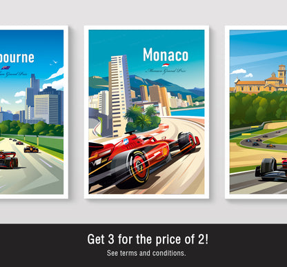 Monaco 2024 F1 Ferrari print poster featuring Charles Leclerc’s Ferrari racing car at the Monaco Grand Prix street circuit – vibrant motorsport wall art