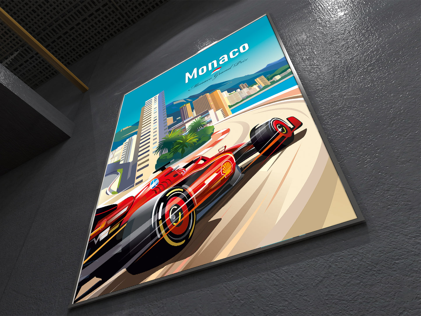 Monaco 2024 F1 Ferrari print poster featuring Charles Leclerc’s Ferrari racing car at the Monaco Grand Prix street circuit – vibrant motorsport wall art