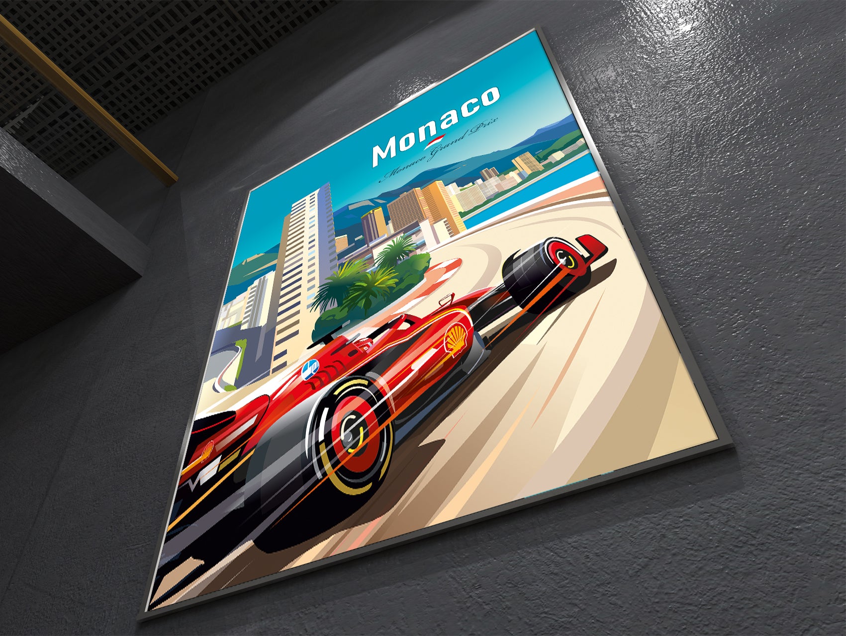 Monaco 2024 F1 Ferrari print poster featuring Charles Leclerc’s Ferrari racing car at the Monaco Grand Prix street circuit – vibrant motorsport wall art