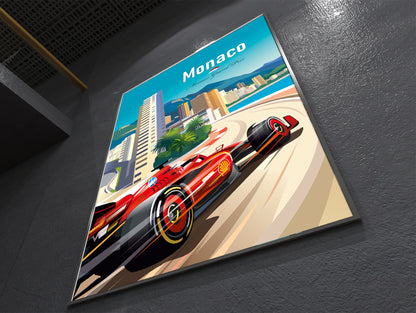 Monaco 2024 F1 Ferrari print poster featuring Charles Leclerc’s Ferrari racing car at the Monaco Grand Prix street circuit – vibrant motorsport wall art
