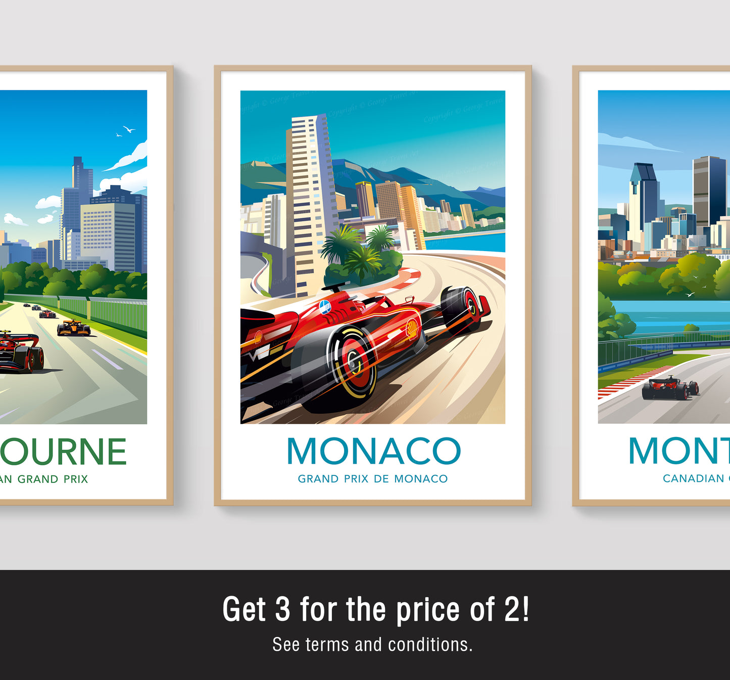 Monaco F1 Ferrari poster print featuring Charles Leclerc’s Ferrari racing car at the Monaco Grand Prix street circuit – vibrant motorsport wall art
