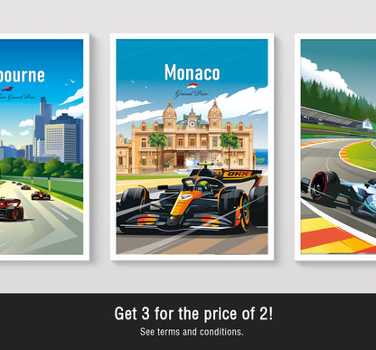 Three illustrated posters of a race car event in Melbourne, Monaco, and a track.