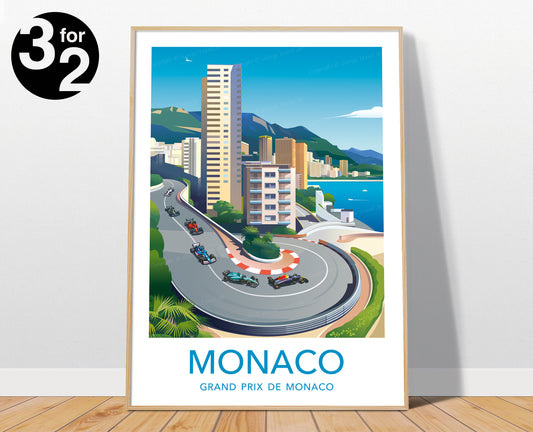 Monaco F1 poster. The print shows race cars racing through the iconic Fairmont Hairpin curve at the Grand Prix. In the background you can see the skyscrapers of Monaco with high mountains and sea.