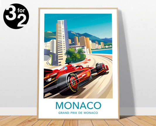 Monaco F1 poster featuring Charles Leclerc Ferrari at Monaco Grand Prix – motorsport wall art