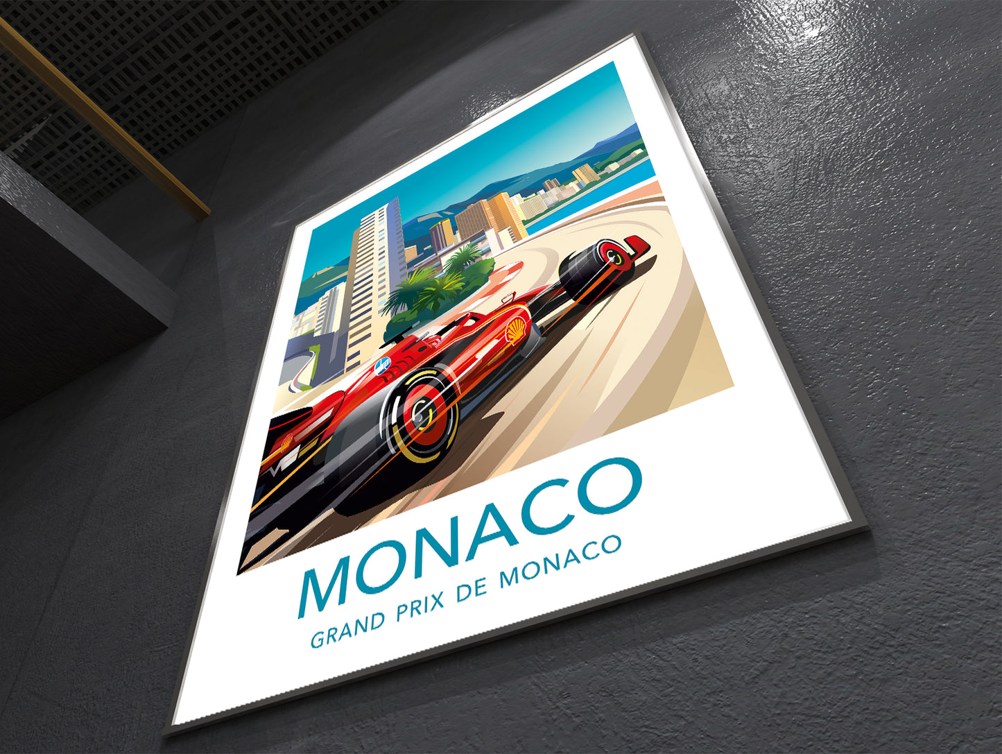 Monaco F1 Ferrari poster print featuring Charles Leclerc’s Ferrari racing car at the Monaco Grand Prix street circuit – vibrant motorsport wall art