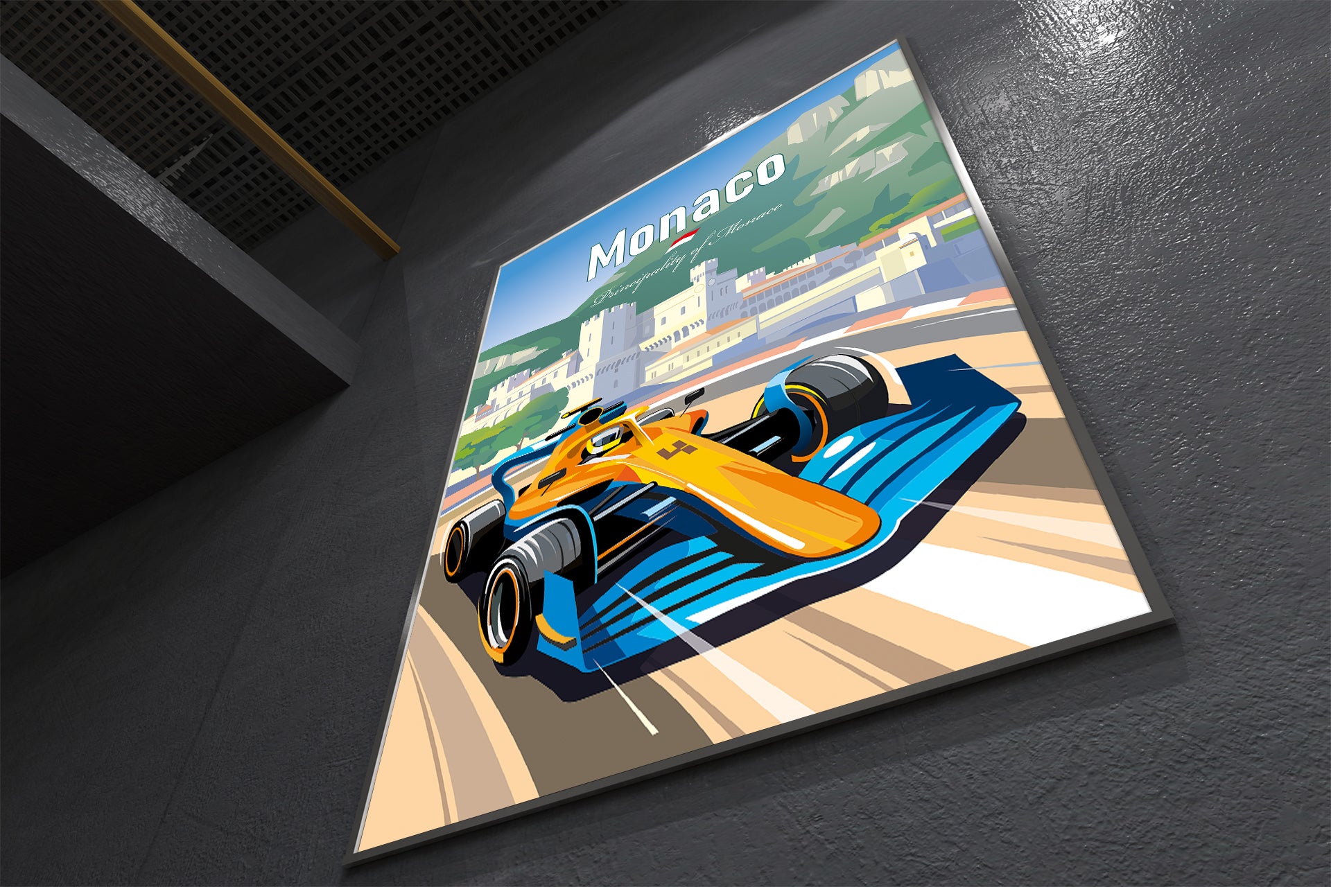 Monaco F1 poster featuring McLaren Formula 1 car at Monaco street circuit – wall art print