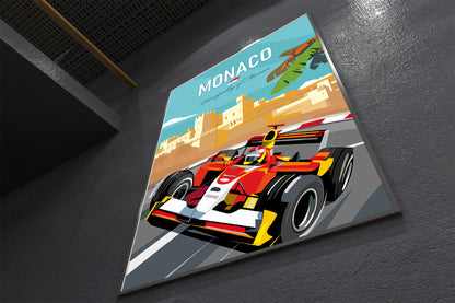 Monaco travel poster Formula 1 featuring vintage Schumacher at Monte Carlo circuit