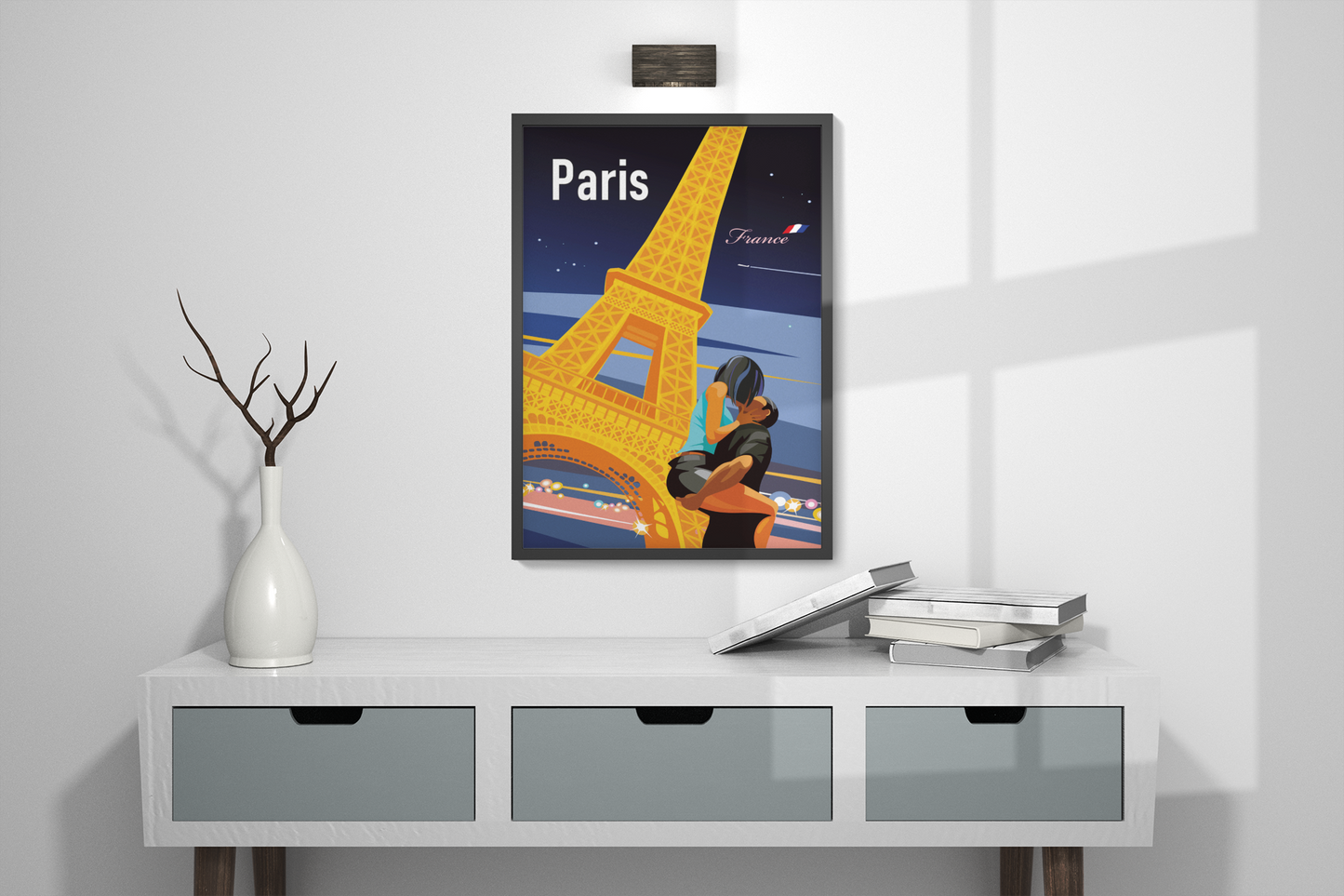 Paris love travel poster mockup – minimalist room wall art display