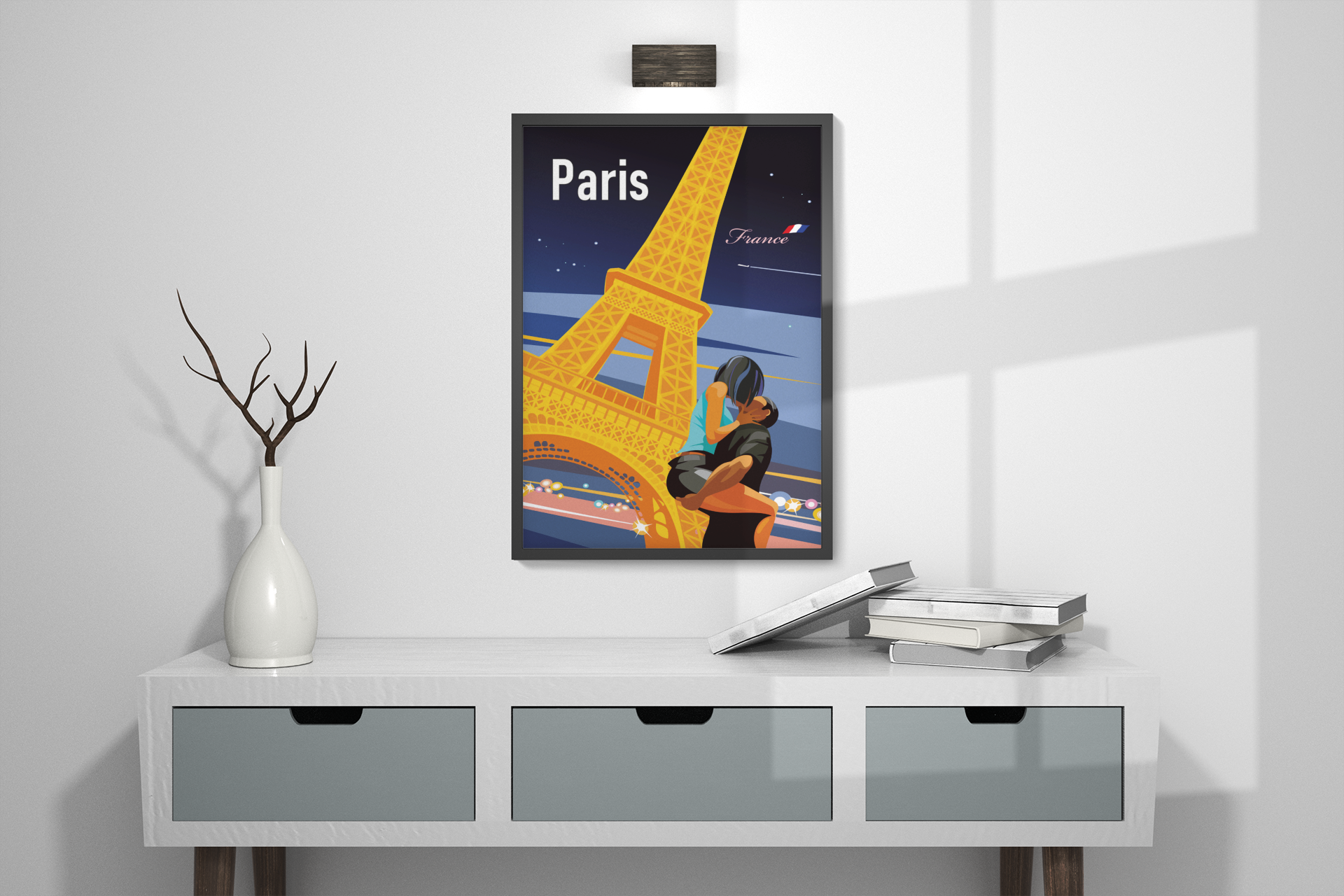 Paris love travel poster mockup – minimalist room wall art display