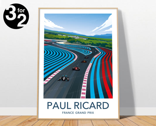 Paul Ricard F1 poster. The print shows the iconic location of the French Grand Prix, with its characteristic blue and red track lines. Formula 1 cars race on the track.