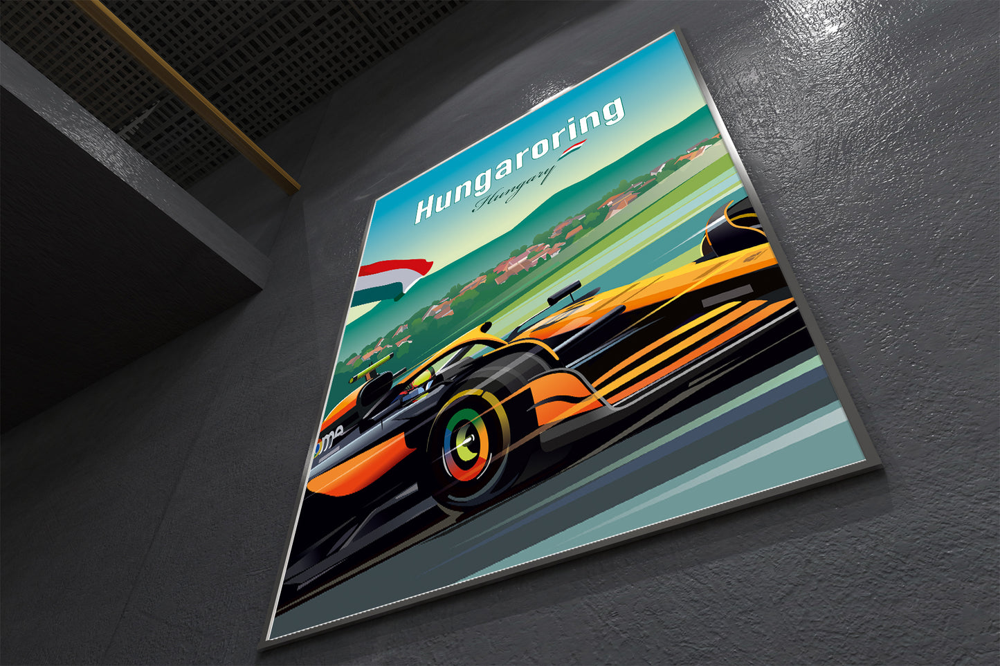 Piastri F1 poster featuring McLaren racing car at Hungaroring during Hungarian Grand Prix – vibrant motorsport wall art