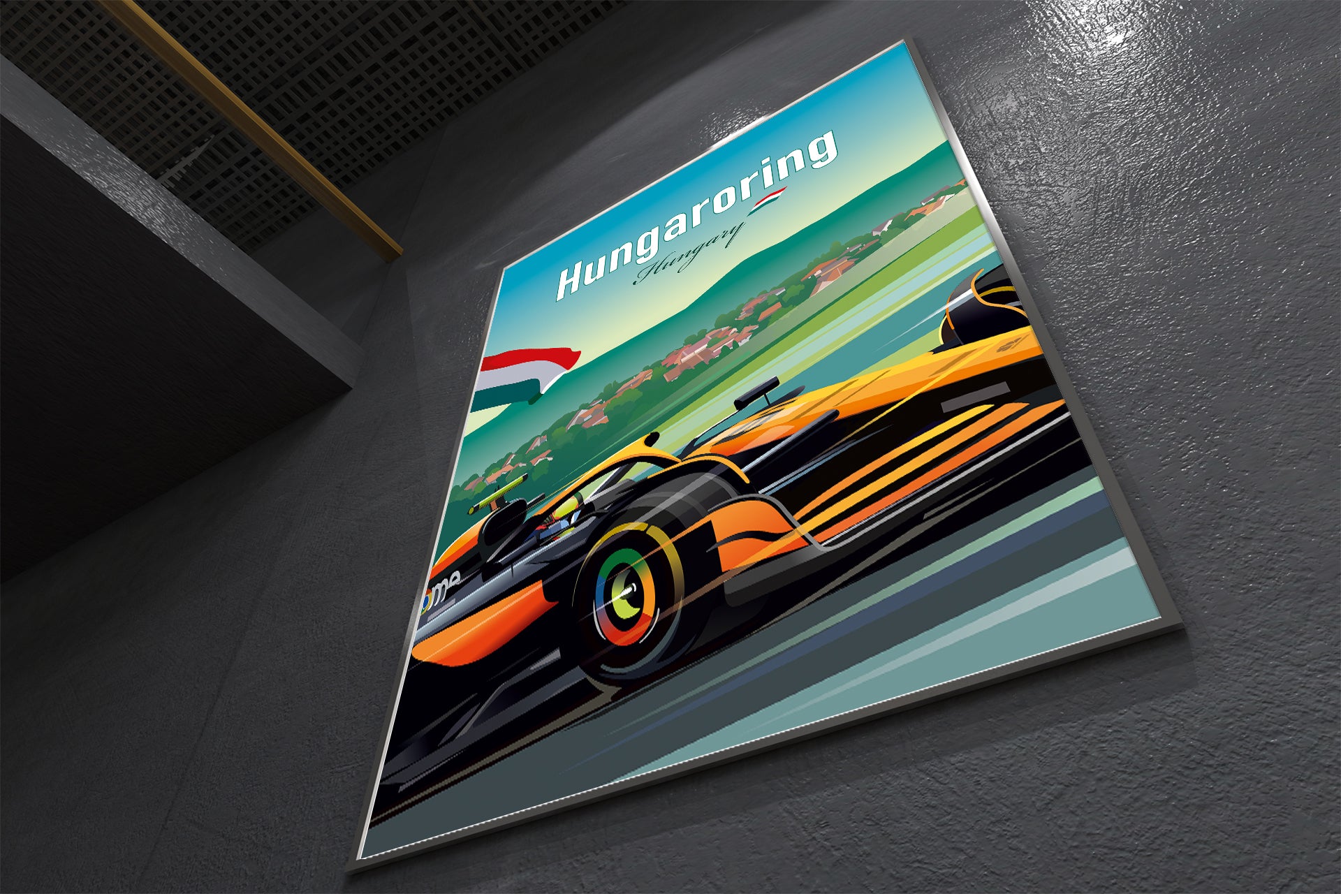 Piastri F1 poster featuring McLaren racing car at Hungaroring during Hungarian Grand Prix – vibrant motorsport wall art