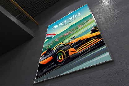 Piastri F1 poster featuring McLaren racing car at Hungaroring during Hungarian Grand Prix – vibrant motorsport wall art