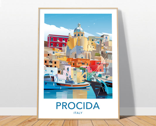 Procida travel poster print – Naples Italy Corricella wall art