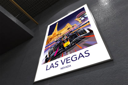 Poster of a race car on a track with 'Las Vegas Nevada' text, placed on a dark surface.