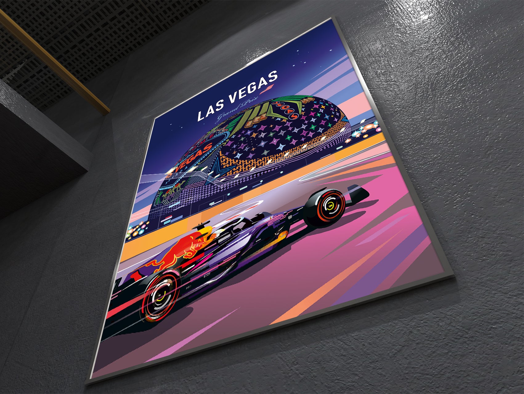 Red Bull Las Vegas F1 poster featuring Red Bull Racing car at Las Vegas Grand Prix with neon lights – vibrant motorsport wall art print